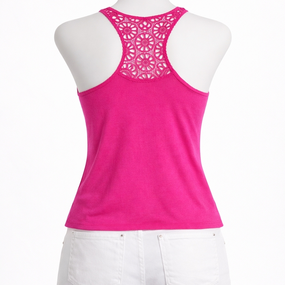 Banana USA Women’s Small Hot Pink Crochet Lace Back Sleeveless Swing Tank Top